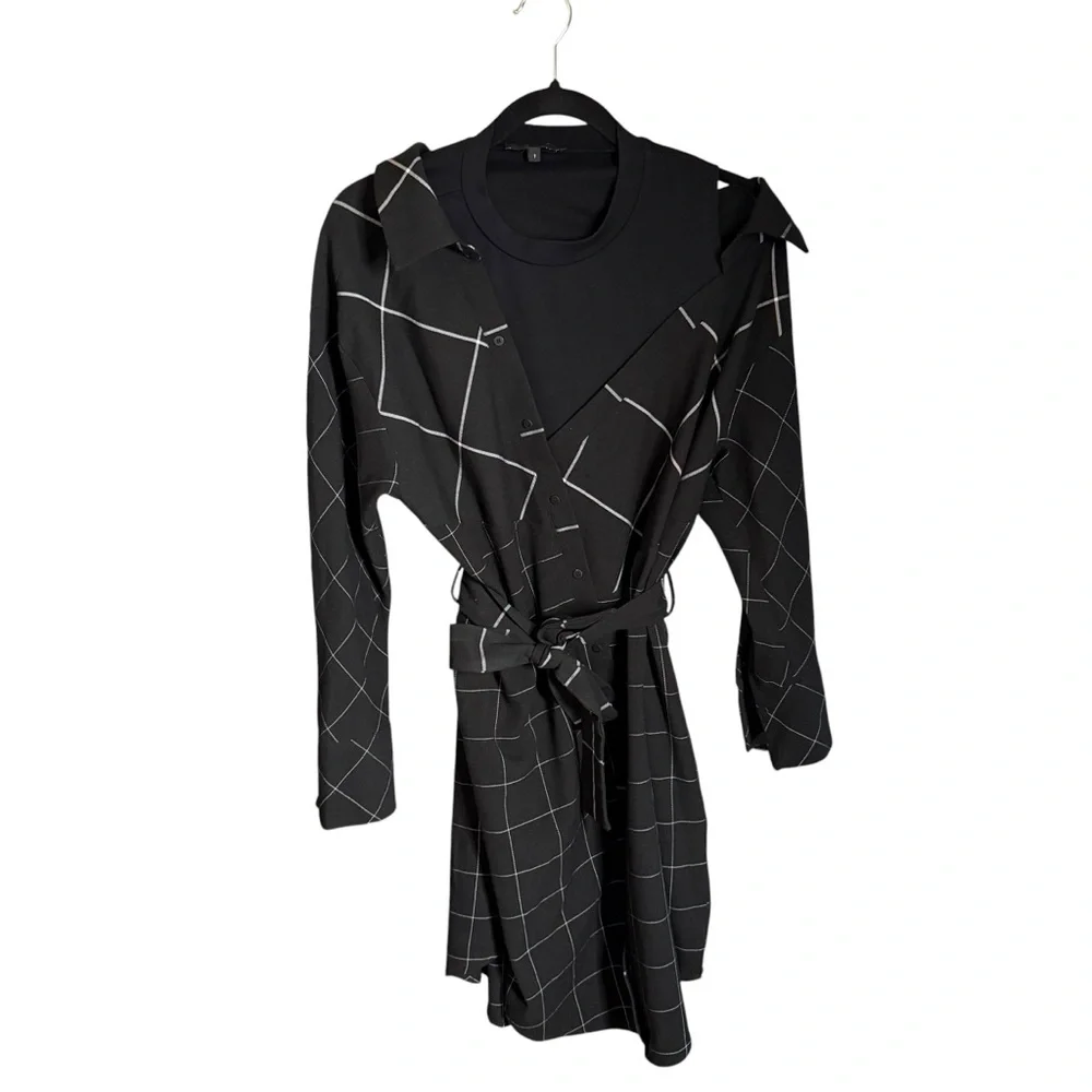 MAJE Razak Women's Small Long Sleeve Asymmetric Plaid Belted Shirt Dress Mini - Picture 5 of 10